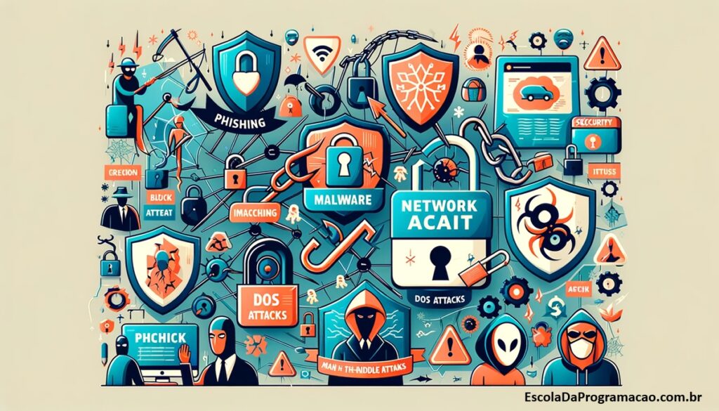 Ilustração simbolizando várias ameaças cibernéticas, incluindo phishing, malware e ataques DoS