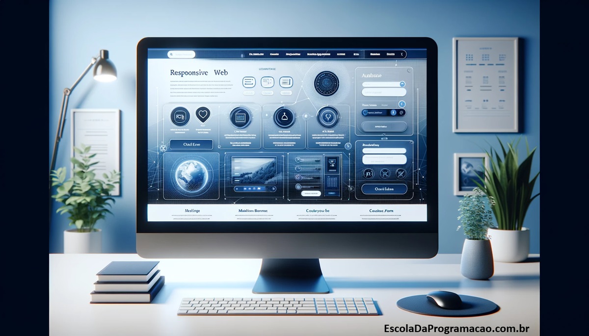Uma interface moderna e atraente de site exibida em um monitor widescreen, demonstrando design web responsivo com elementos como menu de navegação, carrossel de imagens e formulário de contato, influenciado pelo Bootstrap.