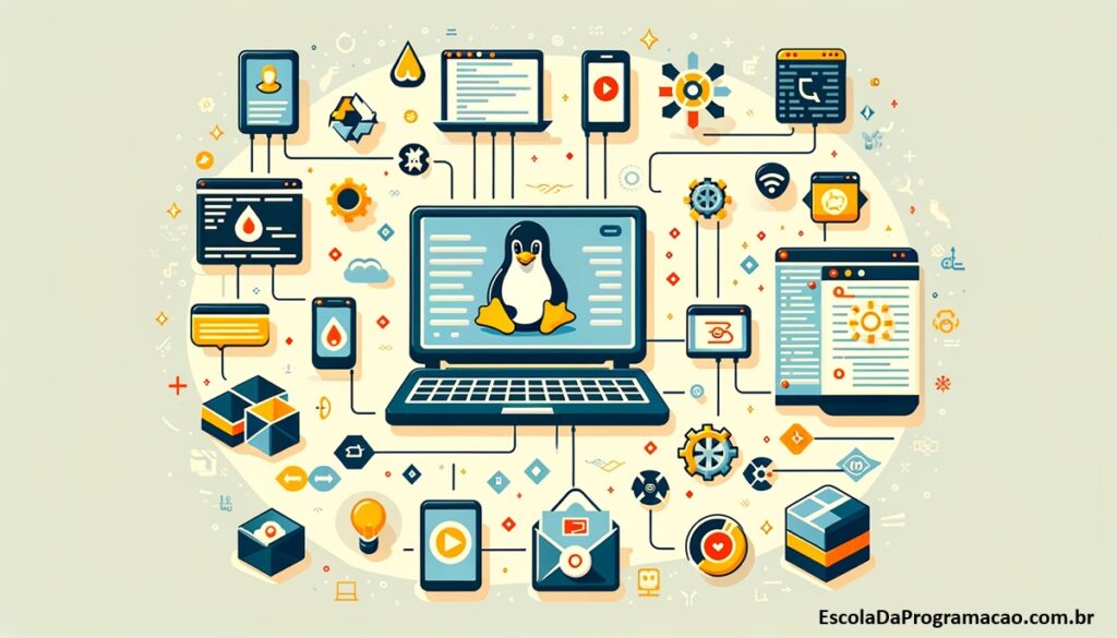 Infográfico ilustrando os componentes-chave de um ambiente de desenvolvimento Linux.