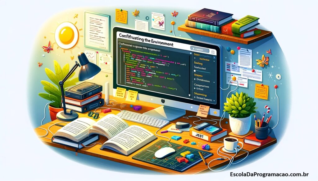 Uma ilustração digital mostrando um ambiente de trabalho de um desenvolvedor com um computador exibindo etapas de instalação do Jest na tela, rodeado por notas, livros de codificação e uma xícara de café.