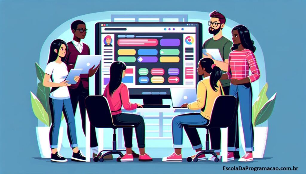 Uma ilustração widescreen mostrando um grupo diverso de desenvolvedores web colaborando em um projeto Bootstrap, em um ambiente de escritório moderno.