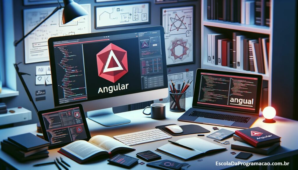 Uma imagem que captura um espaço de trabalho de desenvolvedor web, com destaque para o Angular. Inclui um computador com o logotipo do Angular, livros de programação, notas sobre Angular e um tablet mostrando um gráfico de desempenho de aplicação.