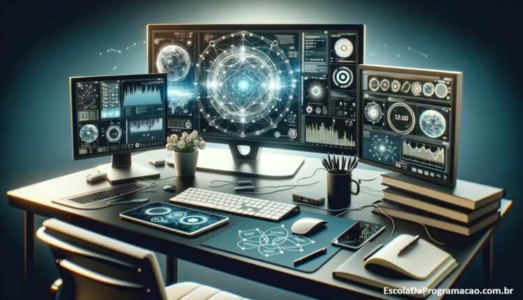 Mesa de trabalho moderna em um escritório de tecnologia, equipada com vários monitores exibindo gráficos e diagramas de redes, idealizando o ambiente de gerenciamento de redes profissional.