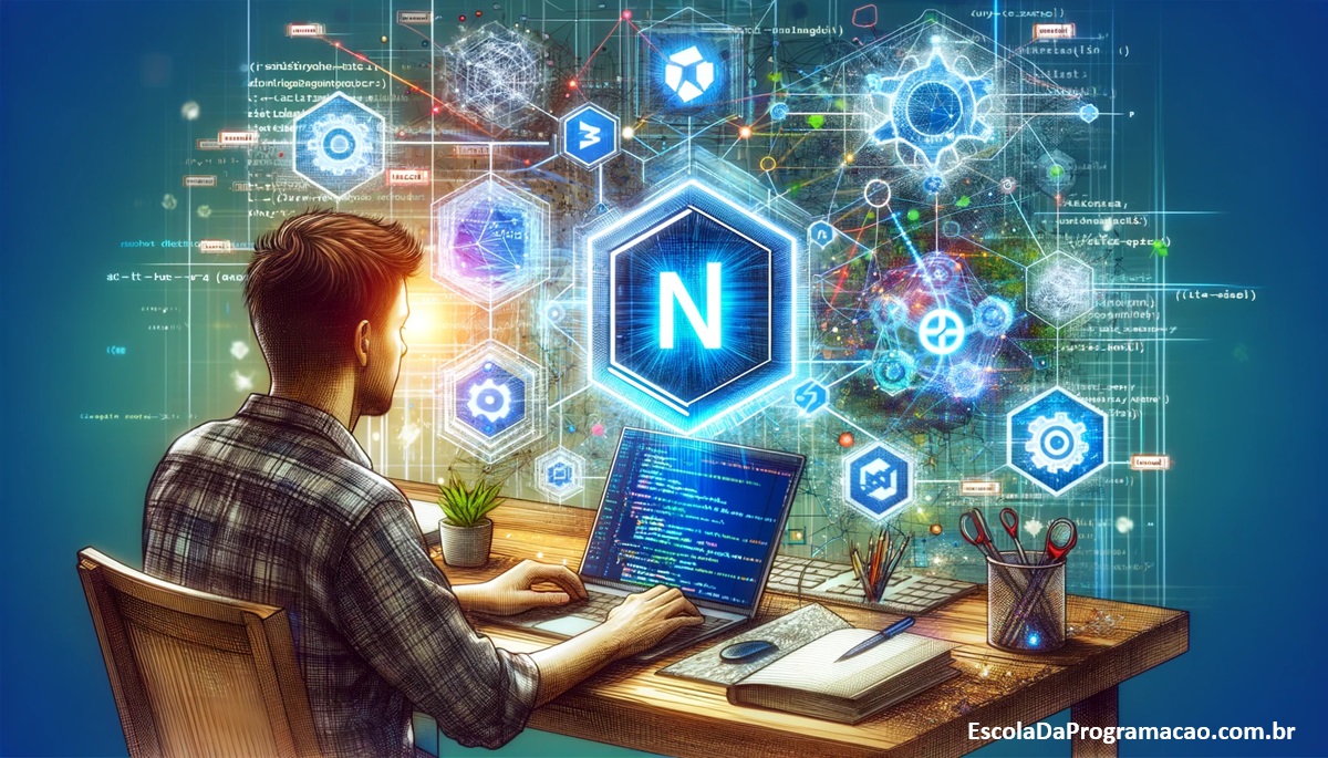 Ilustração moderna e visualmente atraente representando o desenvolvimento em .NET, com um desenvolvedor trabalhando em um laptop exibindo o logo do .NET.