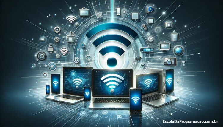 Uma ilustração digital moderna e visualmente atraente, mostrando uma variedade de dispositivos Wi-Fi, como laptops, smartphones e tablets, todos conectados a um símbolo central de Wi-Fi.
