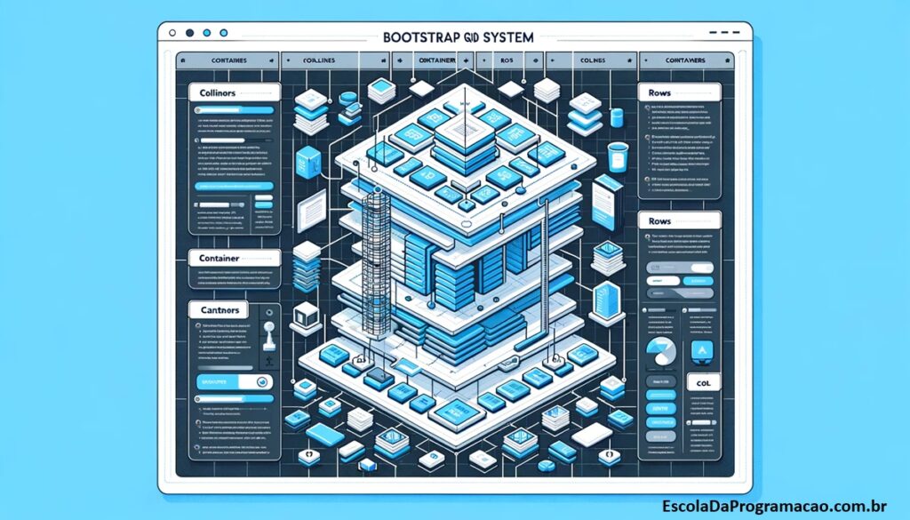 Um infográfico informativo e detalhado em widescreen ilustrando o sistema de grid do Bootstrap, mostrando colunas, linhas e containers, com nomes de classes do Bootstrap.