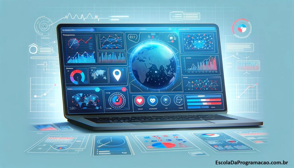Interface ilustrativa de uma ferramenta de gerenciamento de redes, destacando gráficos, mapas de rede e painéis de monitoramento, representando a modernidade e eficiência das ferramentas utilizadas.
