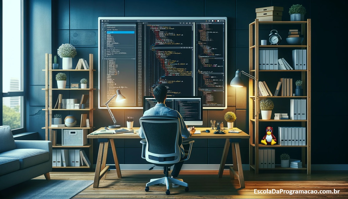 Ambiente de trabalho moderno e organizado com desenvolvedor usando Linux.