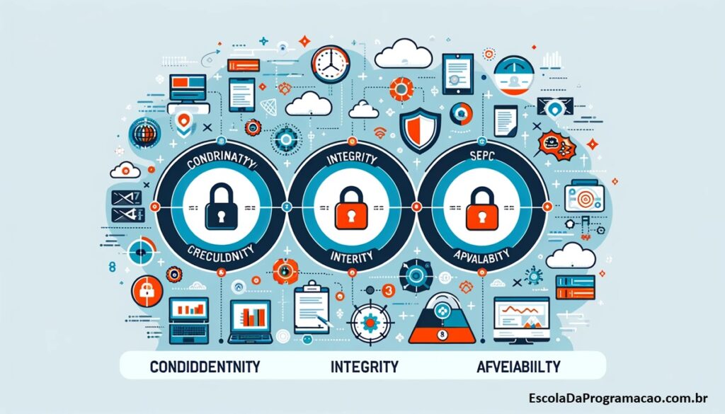Infográfico detalhando os princípios-chave da segurança em redes: confidencialidade, integridade e disponibilidade