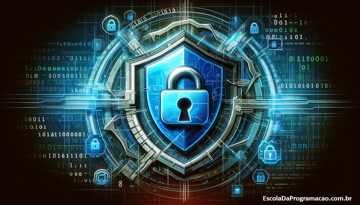 Cibersegurança em Aplicações .NET: Um logo .NET estilizado protegido por um cadeado digital, simbolizando segurança avançada.