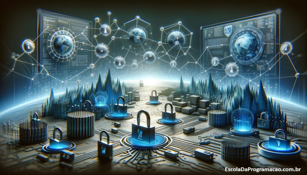Estratégias de Segurança de Rede em Aplicações .NET: Representação de uma paisagem digital com nós interconectados, simbolizando uma rede segura.
