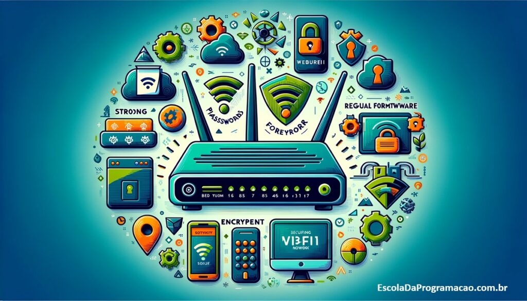 Uma ilustração digital criativa e informativa, destacando as principais práticas de segurança para redes Wi-Fi.