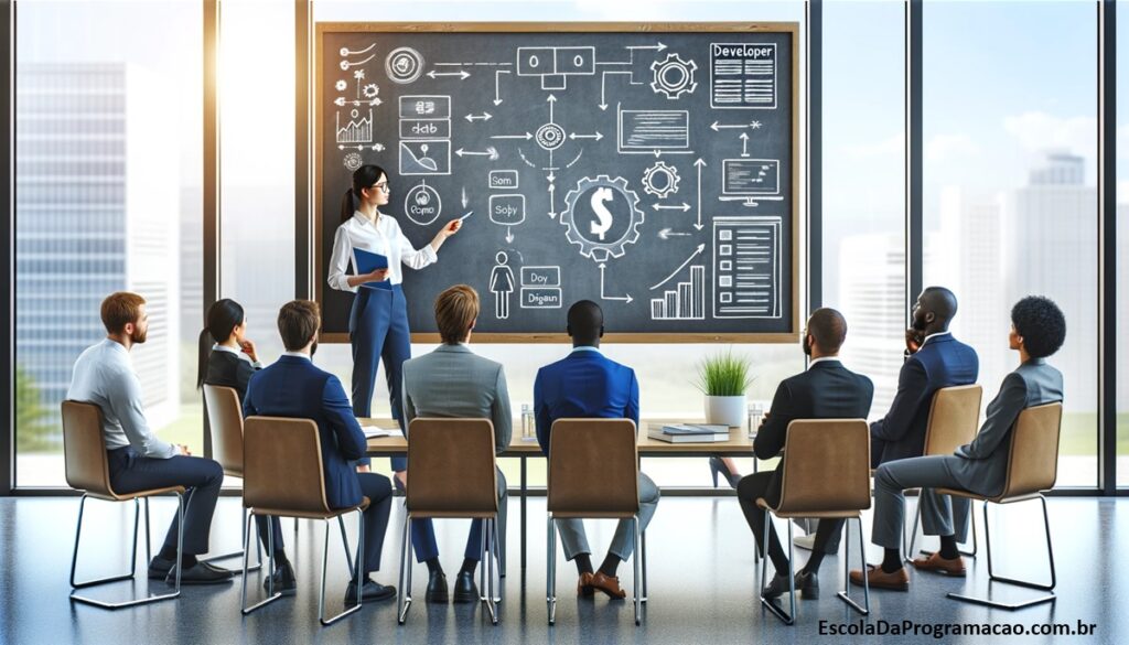 Uma desenvolvedora apresentando um conceito de software complexo para um grupo de stakeholders não técnicos, usando um quadro branco para explicar com diagramas simples.