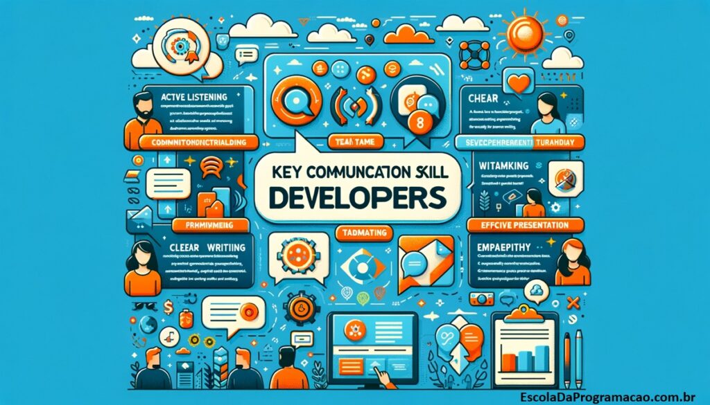 Infográfico informativo e atraente mostrando habilidades-chave de comunicação para desenvolvedores, incluindo bolhas de fala e ícones de tecnologia.