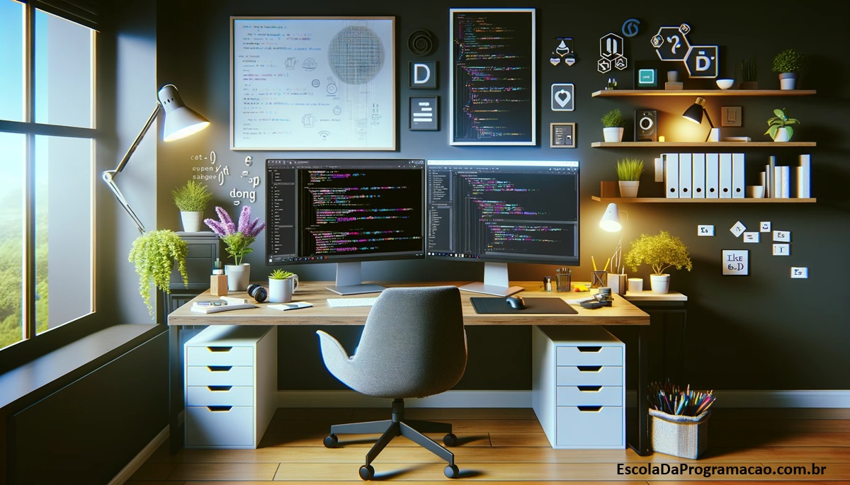 Um ambiente de trabalho moderno e convidativo com dois monitores em uma mesa. Um dos monitores exibe a interface do Visual Studio Code com código e várias extensões, destacando recursos de produtividade. O outro mostra um projeto de desenvolvimento web em andamento.