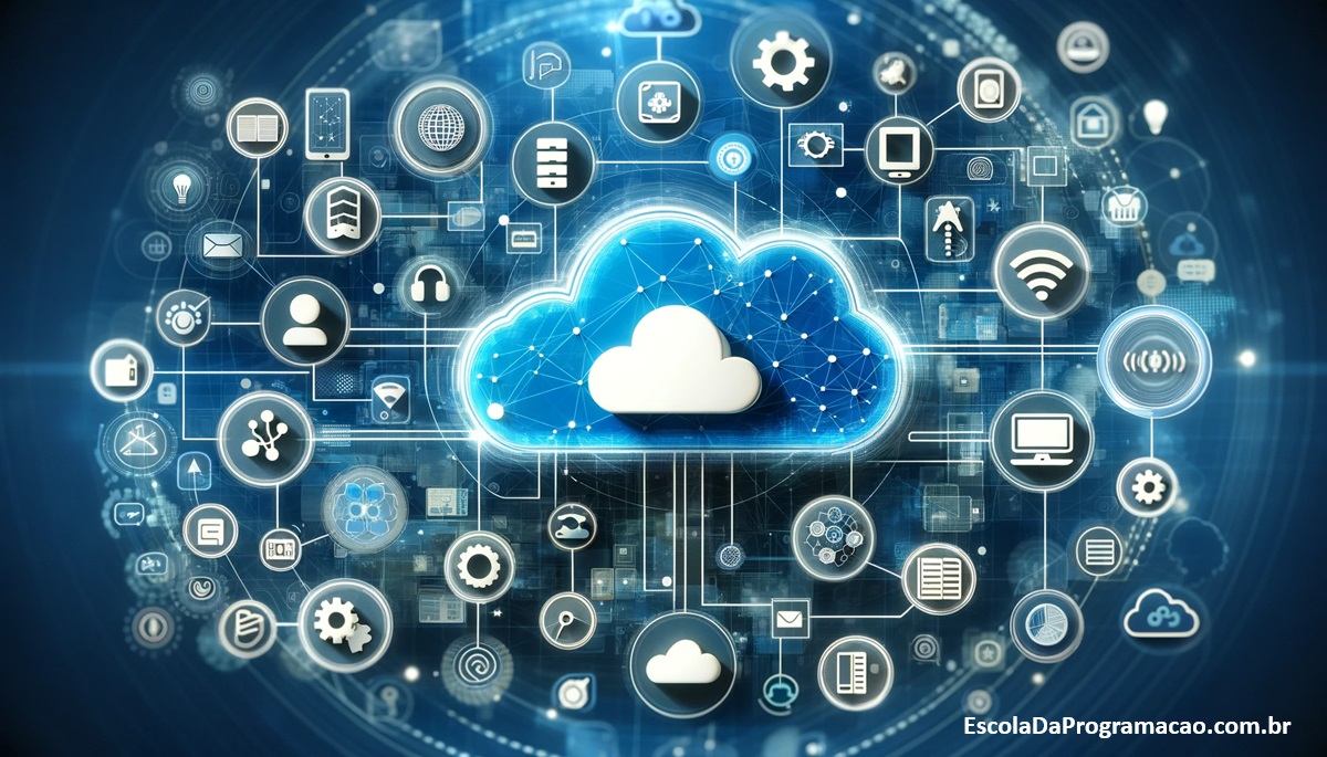 Nuvem digital com dispositivos conectados de forma abstrata representando transferência de dados e tecnologia.