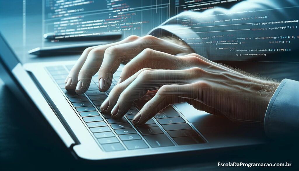 Close-up de mãos digitando em um laptop, simbolizando a preparação para entrevistas técnicas com foco e determinação.