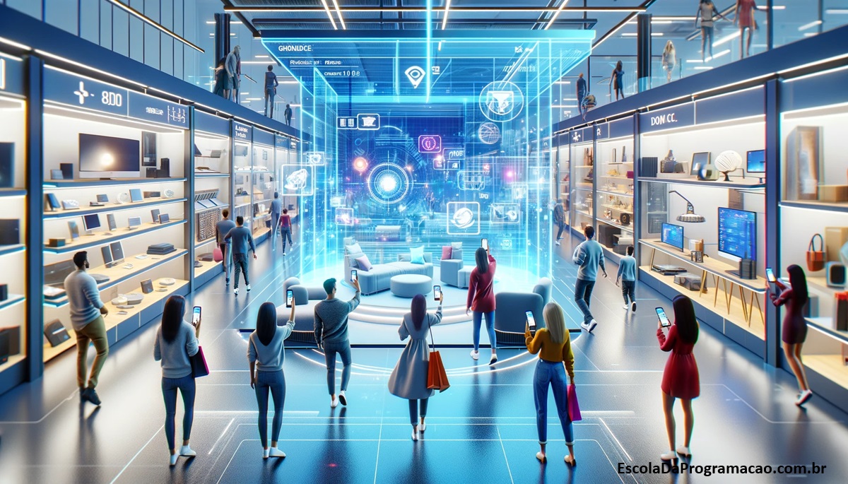 Clientes diversos utilizando a realidade aumentada para visualizar produtos em um showroom virtual, em uma loja moderna.