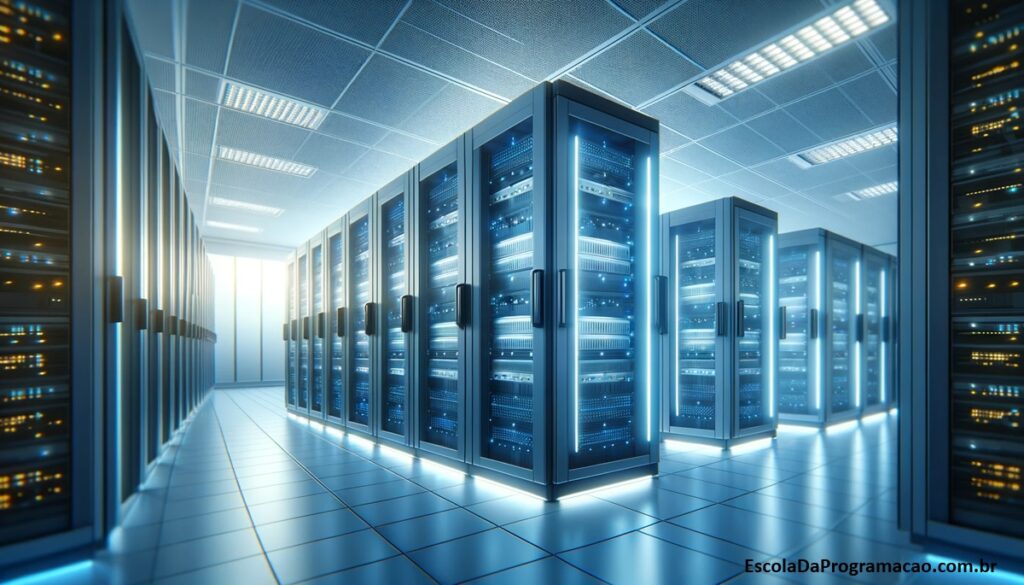 Uma sala de servidores iluminada com luz azul, representando a infraestrutura de tecnologia avançada.