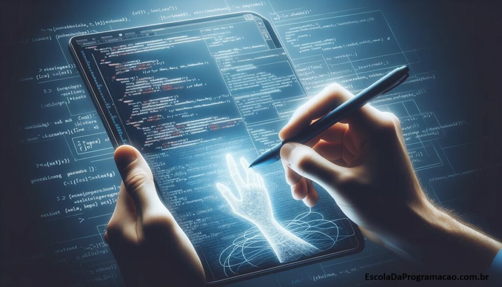 Criatividade e habilidade na elaboração de scripts PowerShell, representada por uma mão escrevendo um script em um tablet.
