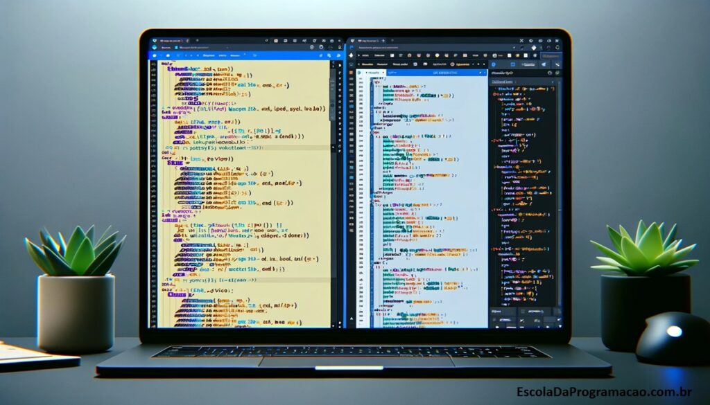 Captura de tela mostrando a funcionalidade de split view no Visual Studio Code, com dois arquivos de código diferentes abertos lado a lado. O lado esquerdo exibe código HTML e o direito mostra o código CSS correspondente.