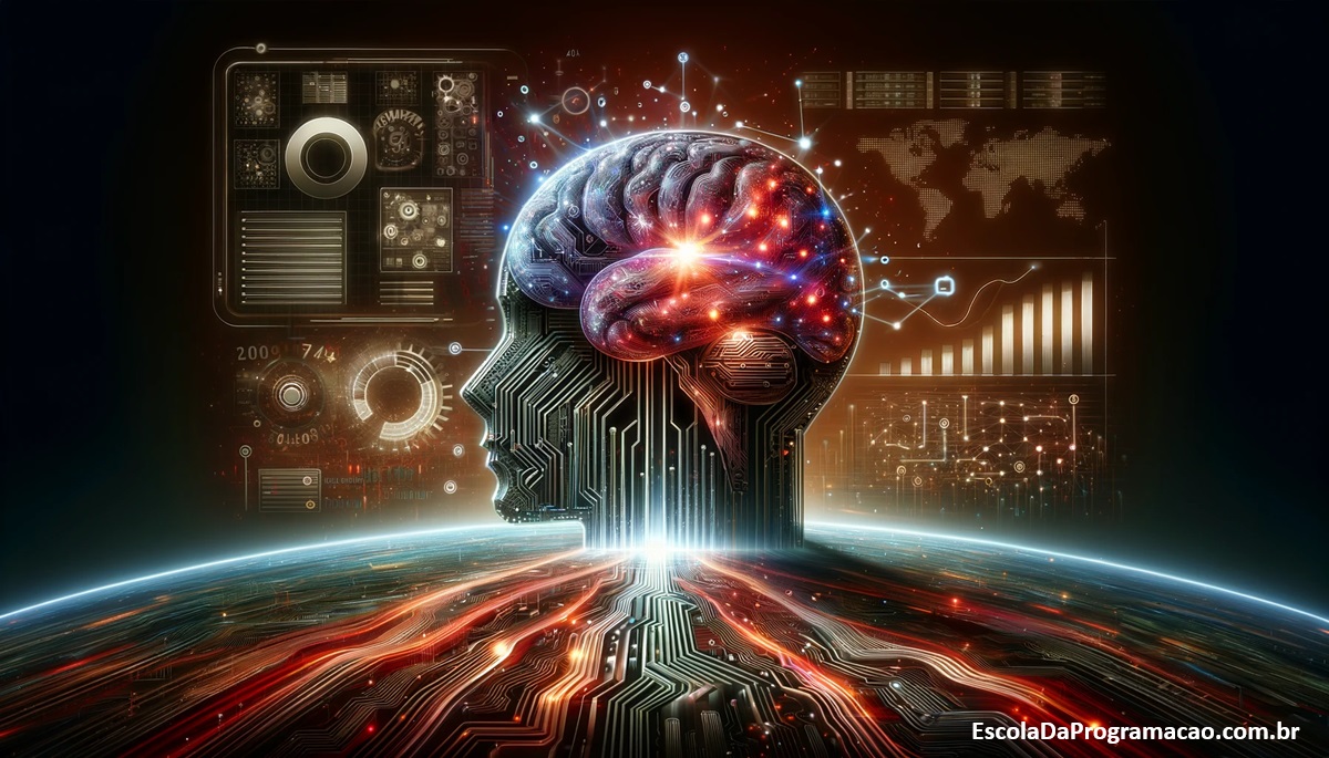 Uma paisagem digital futurista representando a inteligência artificial e SEO, com um cérebro digital brilhante em primeiro plano e um fundo dinâmico de elementos digitais e analíticos nas cores da Escola da Programação.